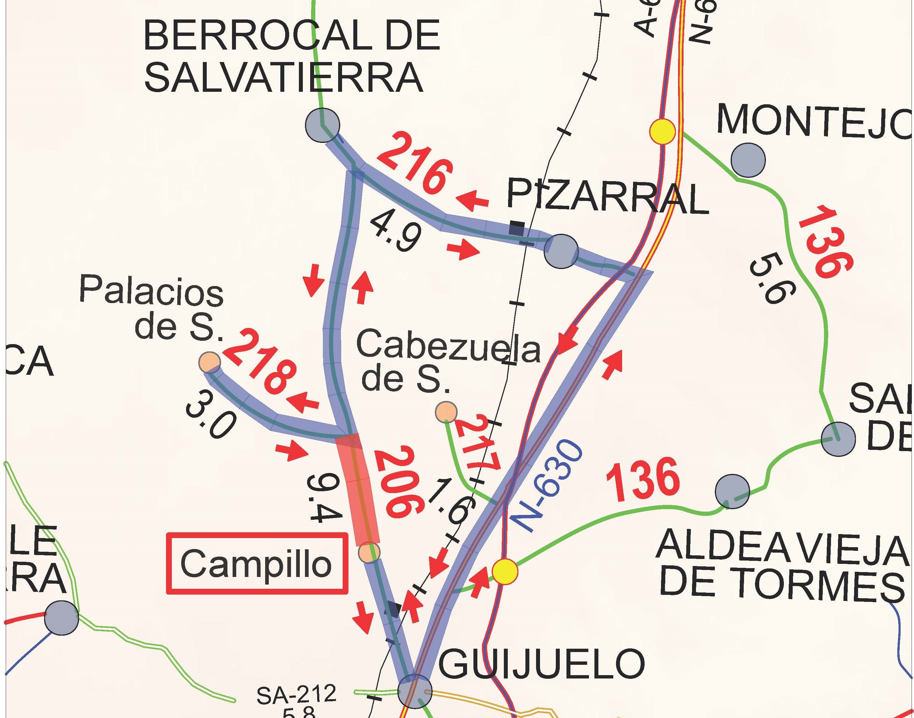 Plano corte carretera entre Berrocal de Salvatierra y Guijuelo (N-630) 